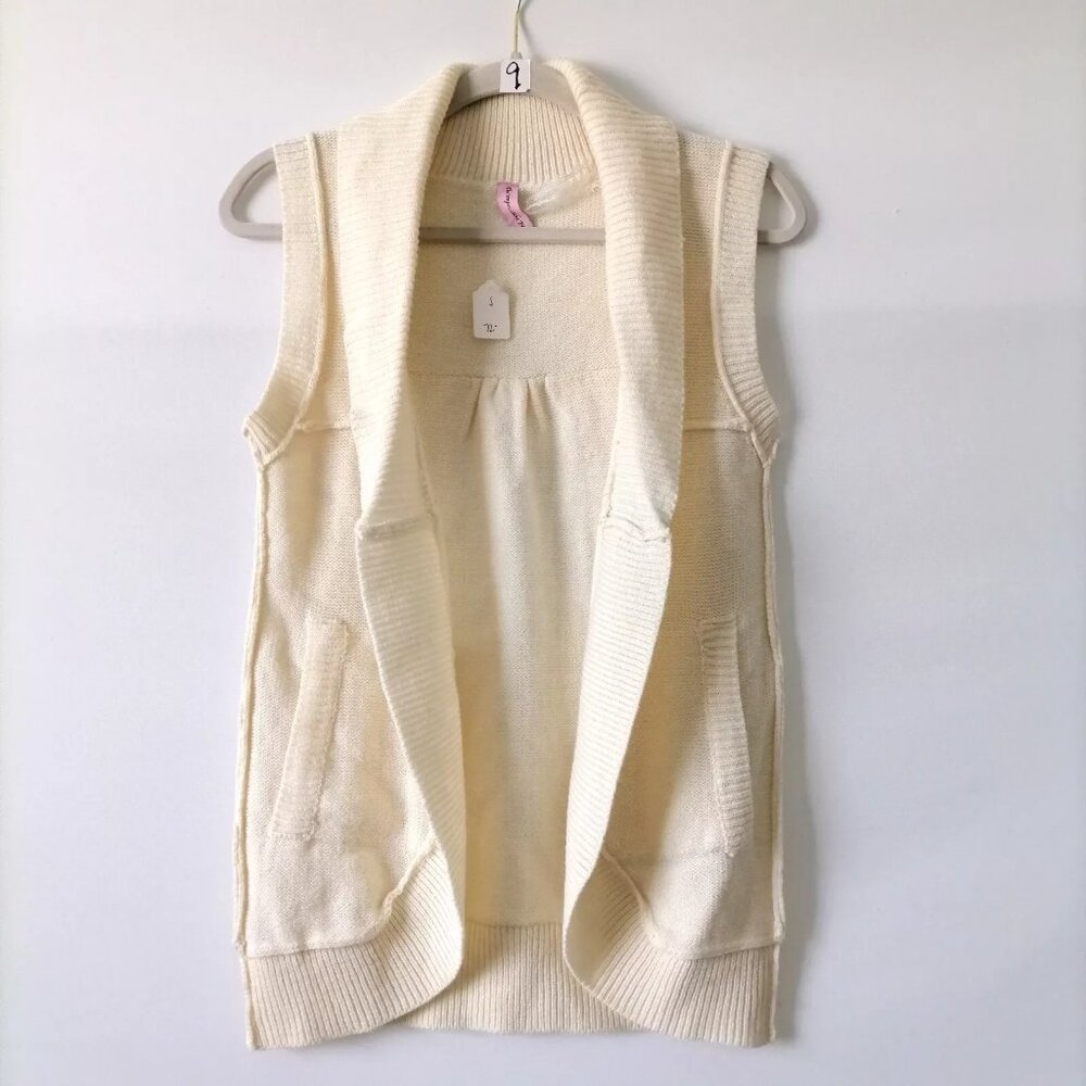 The Impeccable Pig Women's Ivory Open Front Pockets Crochet Vest Size Small